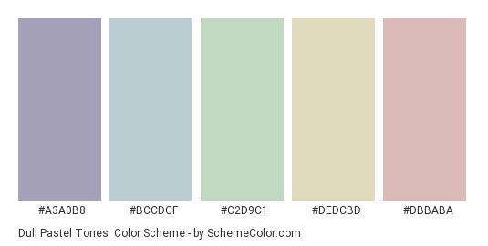 Dull Pastel Tones - Color scheme palette thumbnail - #A3A0B8 #BCCDCF #C2D9C1 #DEDCBD #DBBABA 