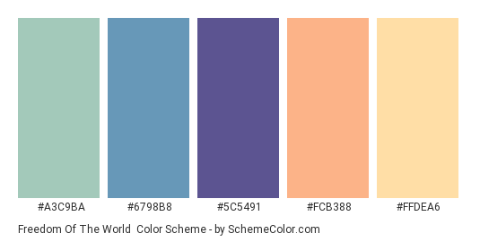 Freedom of the World - Color scheme palette thumbnail - #A3C9BA #6798B8 #5C5491 #FCB388 #FFDEA6 