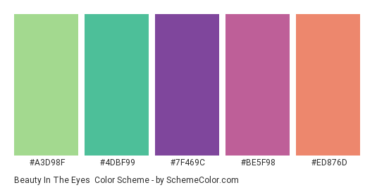 Beauty in the Eyes - Color scheme palette thumbnail - #A3D98F #4DBF99 #7F469C #BE5F98 #ED876D 