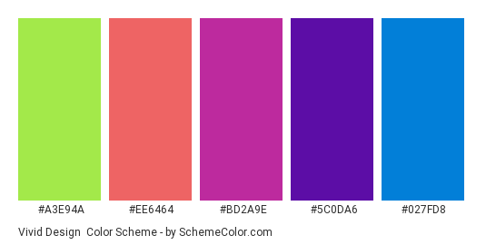Vivid Design - Color scheme palette thumbnail - #A3E94A #EE6464 #BD2A9E #5C0DA6 #027FD8 