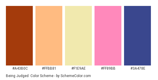 Being Judged - Color scheme palette thumbnail - #A43B0C #FFBB81 #F1E9AE #FF89BB #3A478E 