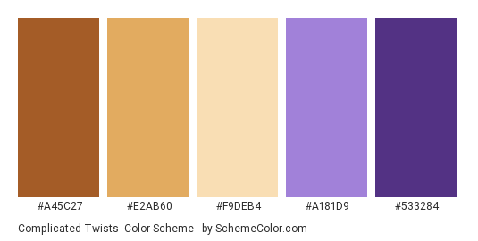 Complicated Twists - Color scheme palette thumbnail - #A45C27 #E2AB60 #F9DEB4 #A181D9 #533284 