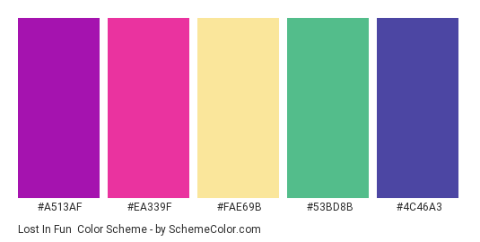 Lost in Fun - Color scheme palette thumbnail - #A513AF #EA339F #FAE69B #53BD8B #4C46A3 