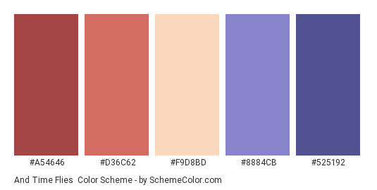 And Time Flies - Color scheme palette thumbnail - #A54646 #D36C62 #F9D8BD #8884CB #525192 