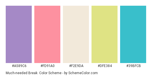 Much-needed Break - Color scheme palette thumbnail - #A589C6 #FD91A0 #F2E9DA #DFE384 #39BFCB 