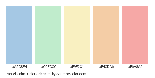 Pastel Calm - Color scheme palette thumbnail - #A5C8E4 #C0ECCC #F9F0C1 #F4CDA6 #F6A8A6 