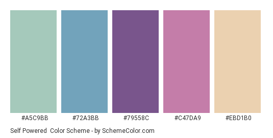 Self Powered - Color scheme palette thumbnail - #A5C9BB #72A3BB #79558C #C47DA9 #EBD1B0 