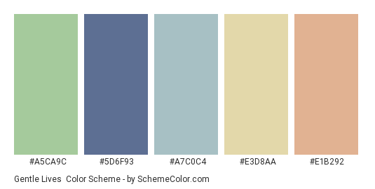 Gentle Lives - Color scheme palette thumbnail - #A5CA9C #5D6F93 #A7C0C4 #E3D8AA #E1B292 