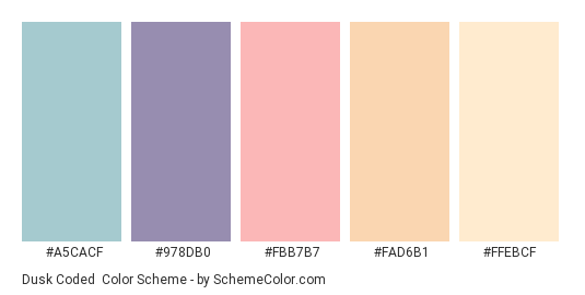 Dusk Coded - Color scheme palette thumbnail - #A5CACF #978DB0 #FBB7B7 #FAD6B1 #FFEBCF 