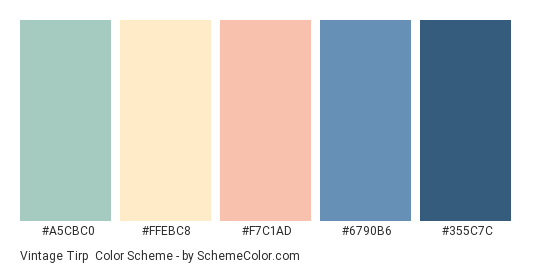 Vintage Tirp - Color scheme palette thumbnail - #A5CBC0 #FFEBC8 #F7C1AD #6790B6 #355C7C 