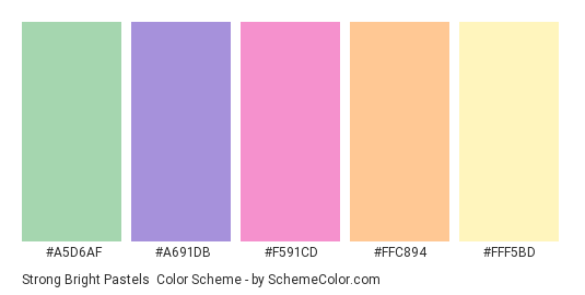 Strong Bright Pastels - Color scheme palette thumbnail - #A5D6AF #A691DB #F591CD #FFC894 #FFF5BD 