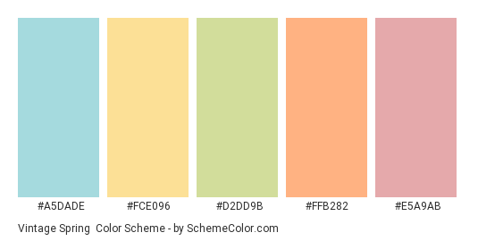 Vintage Spring - Color scheme palette thumbnail - #A5DADE #FCE096 #D2DD9B #FFB282 #E5A9AB 