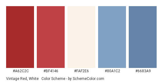 Vintage Red, White & Blue - Color scheme palette thumbnail - #A62C2C #BF4146 #faf2e6 #80a1c2 #6683a9 