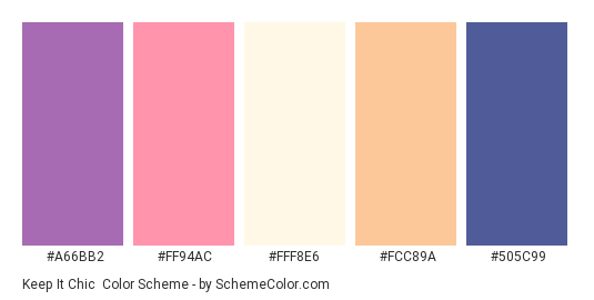 Keep It Chic - Color scheme palette thumbnail - #A66BB2 #FF94AC #FFF8E6 #FCC89A #505C99 