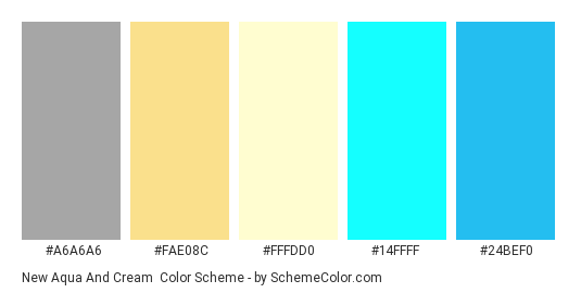 New Aqua and Cream - Color scheme palette thumbnail - #A6A6A6 #FAE08C #FFFDD0 #14FFFF #24BEF0 