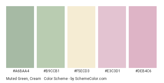 Muted Green, Cream & Pink - Color scheme palette thumbnail - #A6BAA4 #B9CCB1 #F5ECD3 #E3C3D1 #DEB4C6 
