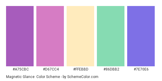 Magnetic Glance - Color scheme palette thumbnail - #A75CBC #D67CC4 #FFEBBD #86DBB2 #7E70E6 