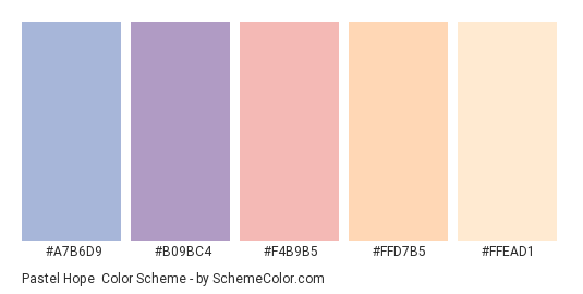 Pastel Hope - Color scheme palette thumbnail - #A7B6D9 #B09BC4 #F4B9B5 #FFD7B5 #FFEAD1 
