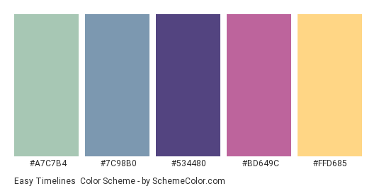 Easy Timelines - Color scheme palette thumbnail - #A7C7B4 #7C98B0 #534480 #BD649C #FFD685 