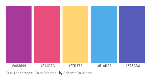 First Appearance - Color scheme palette thumbnail - #A83899 #E94D7C #FFD673 #51ADE8 #575BBA 
