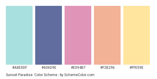 Sunset Paradise - Color scheme palette thumbnail - #A8E0DF #606D9E #E094B7 #F2B296 #FFE59E 