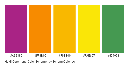 Haldi Ceremony - Color scheme palette thumbnail - #A92385 #F78B00 #F9B800 #FAE607 #459951 