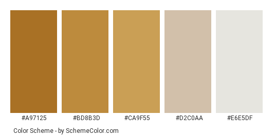 Dalgona Coffee - Color scheme palette thumbnail - #A97125 #BD8B3D #CA9F55 #D2C0AA #E6E5DF 