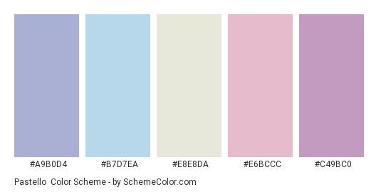 Pastello - Color scheme palette thumbnail - #A9B0D4 #B7D7EA #E8E8DA #E6BCCC #C49BC0 