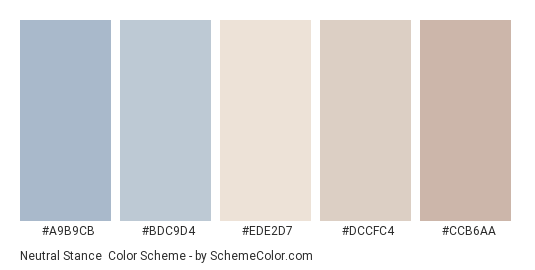 Neutral Stance - Color scheme palette thumbnail - #A9B9CB #BDC9D4 #EDE2D7 #DCCFC4 #CCB6AA 