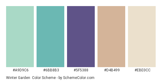 Winter Garden - Color scheme palette thumbnail - #A9D9C6 #6BB8B3 #5F5388 #D4B499 #EBE0CC 