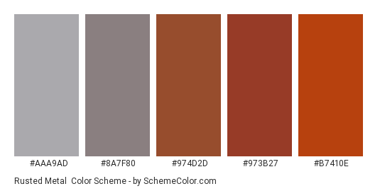 Rusted Metal - Color scheme palette thumbnail - #AAA9AD #8A7F80 #974D2D #973B27 #B7410E 