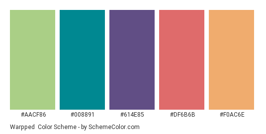 Warpped - Color scheme palette thumbnail - #AACF86 #008891 #614E85 #DF6B6B #F0AC6E 