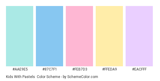 Kids with Pastels - Color scheme palette thumbnail - #AAE9E5 #87C7F1 #FEB7D3 #FFEDA9 #EACFFF 