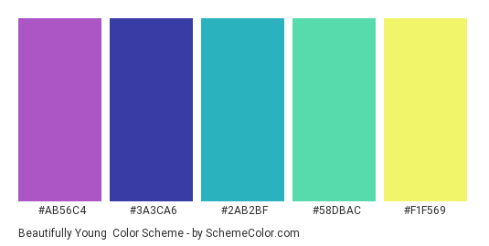 Beautifully Young - Color scheme palette thumbnail - #AB56C4 #3A3CA6 #2AB2BF #58DBAC #F1F569 