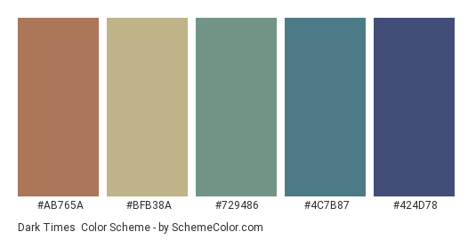Dark Times - Color scheme palette thumbnail - #AB765A #BFB38A #729486 #4C7B87 #424D78 