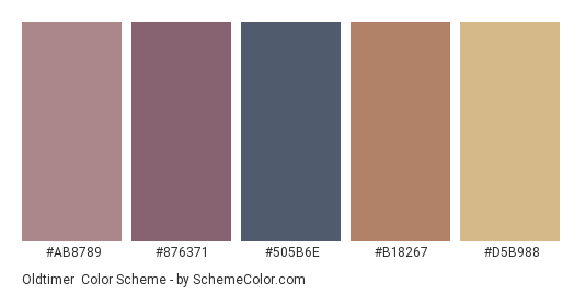 Oldtimer - Color scheme palette thumbnail - #AB8789 #876371 #505B6E #B18267 #D5B988 