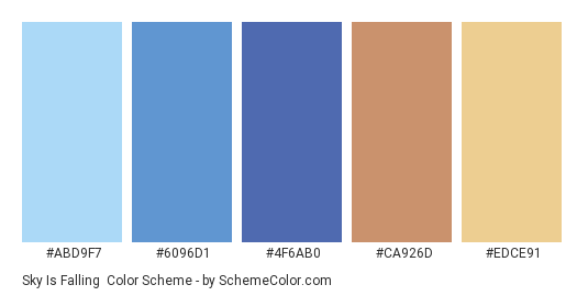 Sky is Falling - Color scheme palette thumbnail - #ABD9F7 #6096D1 #4F6AB0 #CA926D #EDCE91 