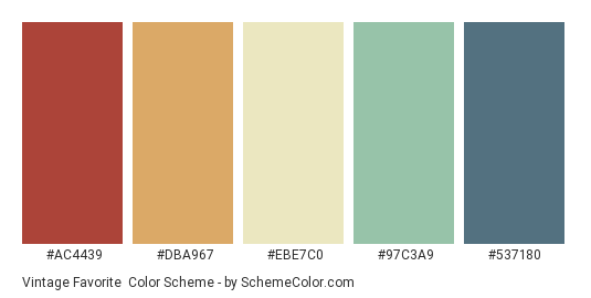 Vintage Favorite - Color scheme palette thumbnail - #AC4439 #DBA967 #EBE7C0 #97C3A9 #537180 