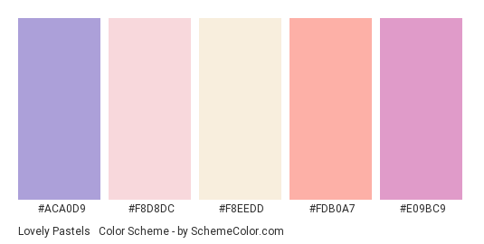 Lovely Pastels #2 - Color scheme palette thumbnail - #ACA0D9 #F8D8DC #F8EEDD #FDB0A7 #E09BC9 
