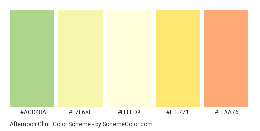Afternoon Glint - Color scheme palette thumbnail - #ACD48A #F7F6AE #FFFED9 #FFE771 #FFAA76 
