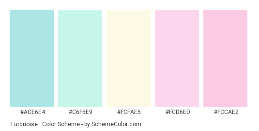Turquoise & Pink Pastels - Color scheme palette thumbnail - #ACE6E4 #C6F5E9 #FCFAE5 #FCD6ED #FCCAE2 