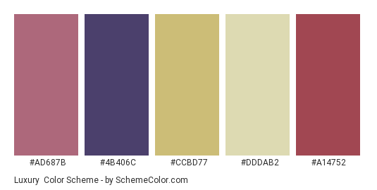 Luxury - Color scheme palette thumbnail - #AD687B #4B406C #CCBD77 #DDDAB2 #A14752 