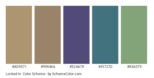 Locked In - Color scheme palette thumbnail - #AD9571 #99846A #524A78 #41727D #83A379 