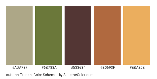 Autumn Trends - Color scheme palette thumbnail - #ADA787 #6B783A #533634 #B0693F #EBAE5E 
