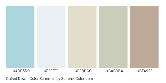 Dulled Down - Color scheme palette thumbnail - #ADD5DD #E9EFF3 #E3DDCC #CACDBA #BFA998 
