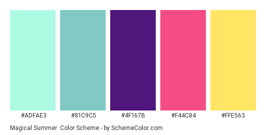 Magical Summer - Color scheme palette thumbnail - #ADFAE3 #81C9C5 #4F167B #F44C84 #FFE563 