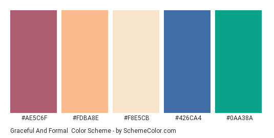 Graceful and Formal - Color scheme palette thumbnail - #AE5C6F #FDBA8E #F8E5CB #426CA4 #0AA38A 