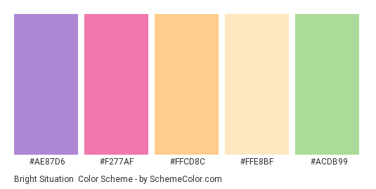Bright Situation - Color scheme palette thumbnail - #AE87D6 #F277AF #FFCD8C #FFE8BF #ACDB99 
