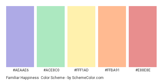 Familiar Happiness - Color scheme palette thumbnail - #AEAAE6 #ACE8C0 #FFF1AD #FFBA91 #E88E8E 