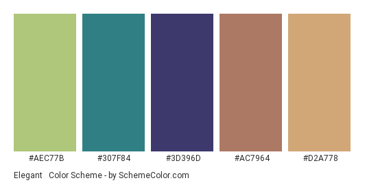 Elegant & Rustic - Color scheme palette thumbnail - #AEC77B #307F84 #3D396D #AC7964 #D2A778 